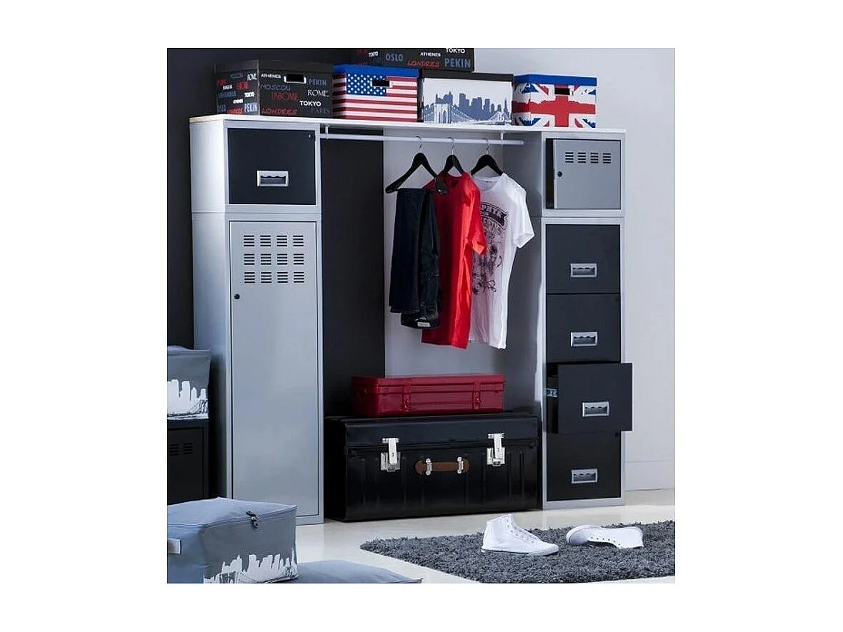 Malle métallique noire avec poignée simili cuir - Lot de 2