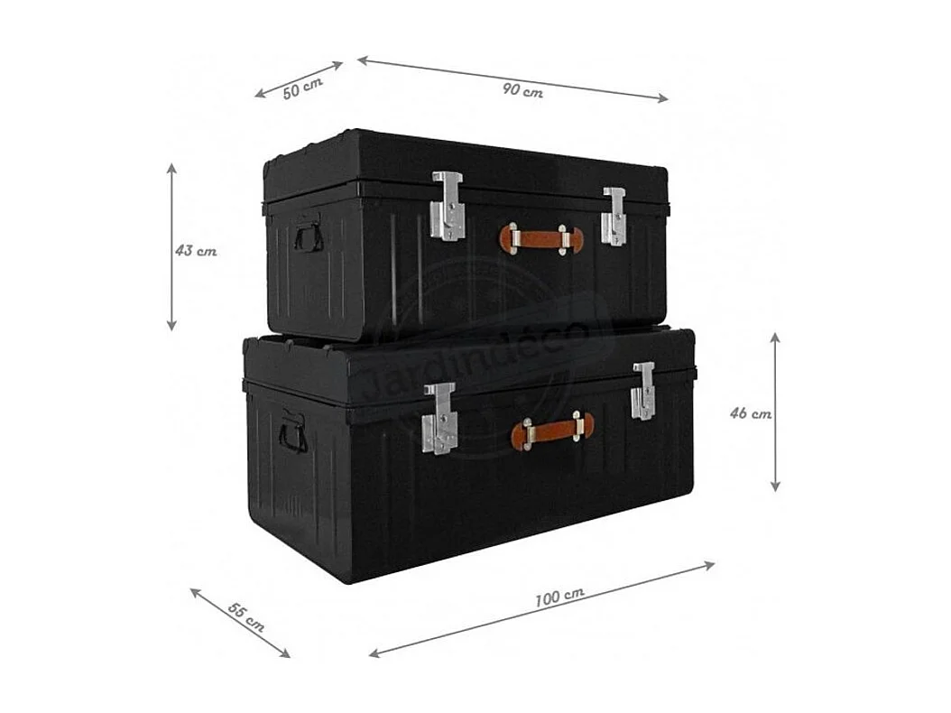 Malle métallique noire avec poignée simili cuir - Lot de 2