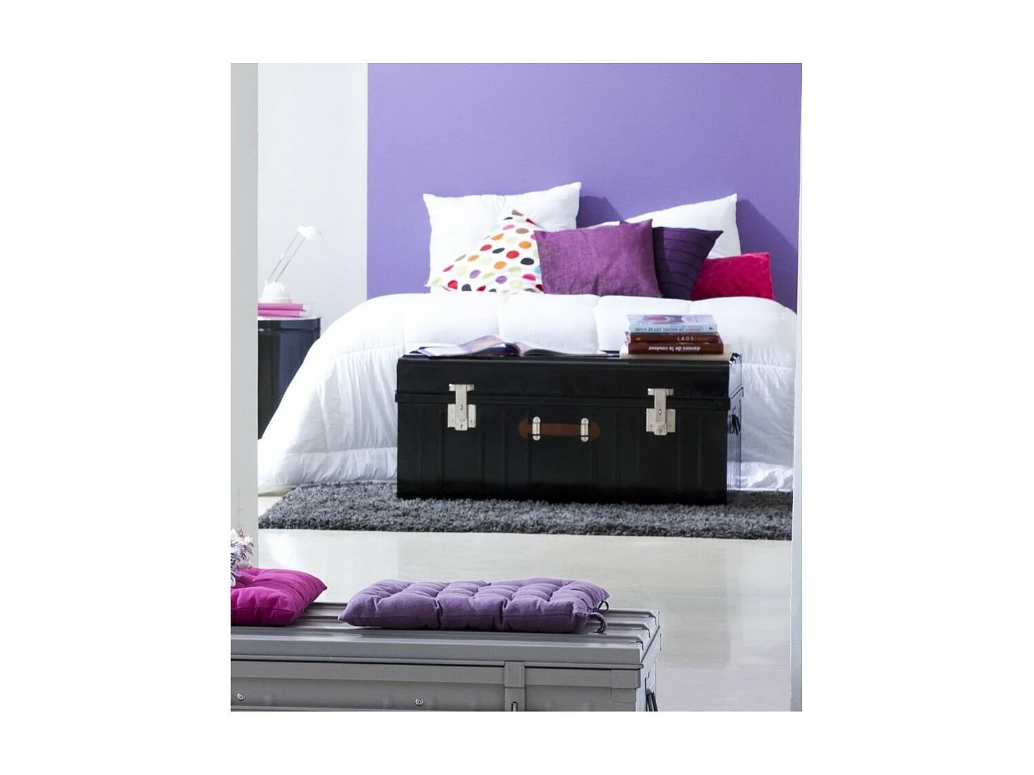 Malle métallique noire avec poignée simili cuir - Lot de 2