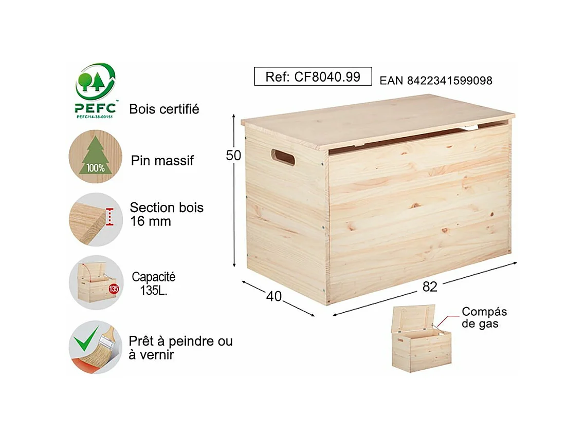Coffre de rangement en pin brut 135 litres