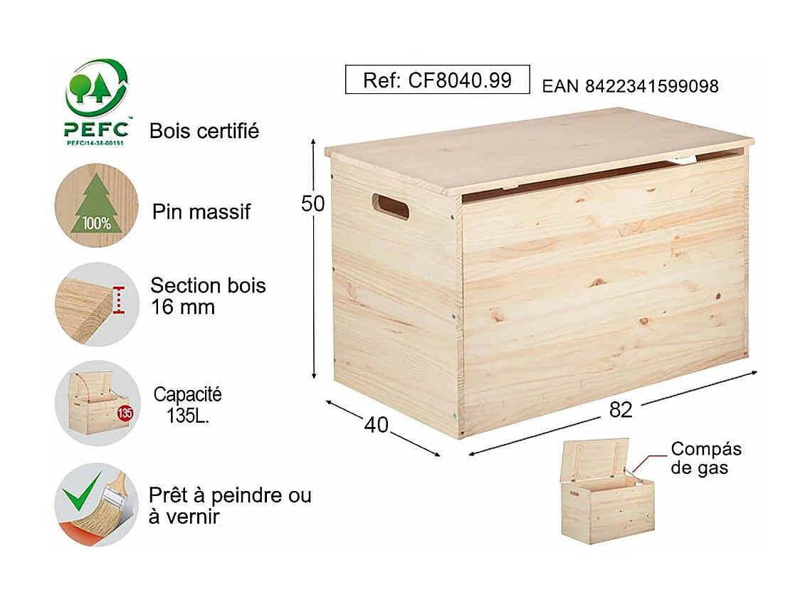 Coffre de rangement en pin brut 135 litres