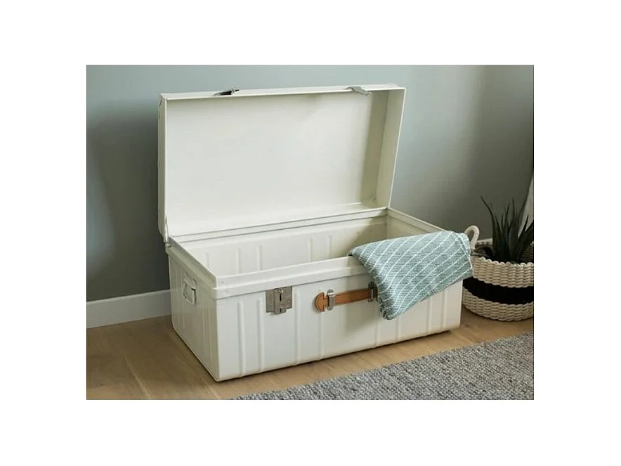 Malle métallique crème avec poignée simili cuir L90xH43xP50