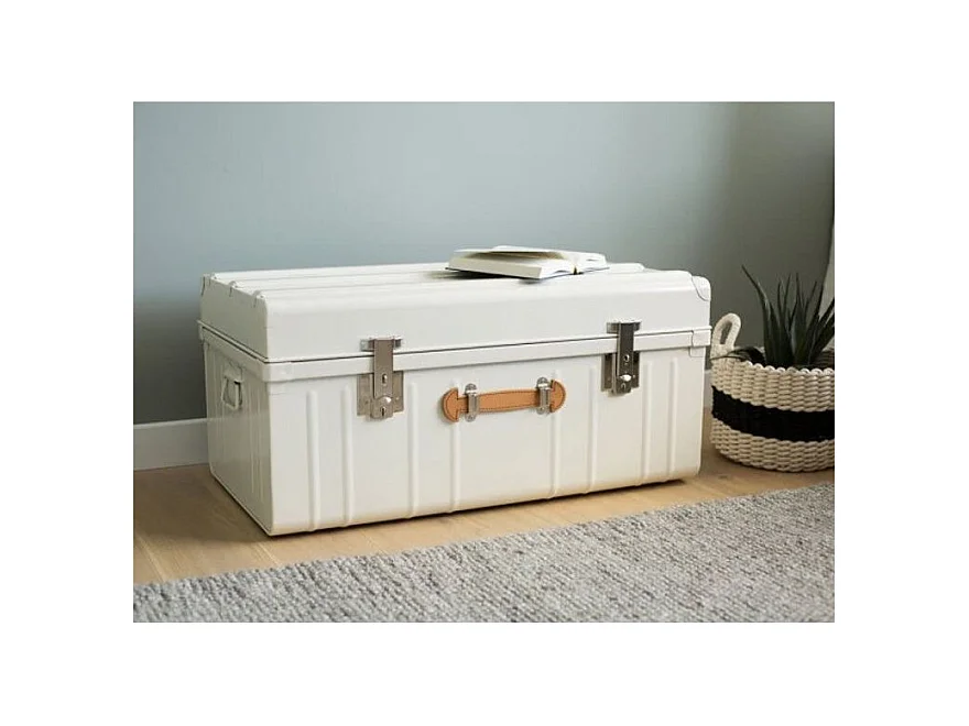 Malle métallique crème avec poignée simili cuir L90xH43xP50