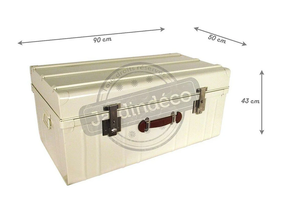 Malle métallique crème avec poignée simili cuir L90xH43xP50