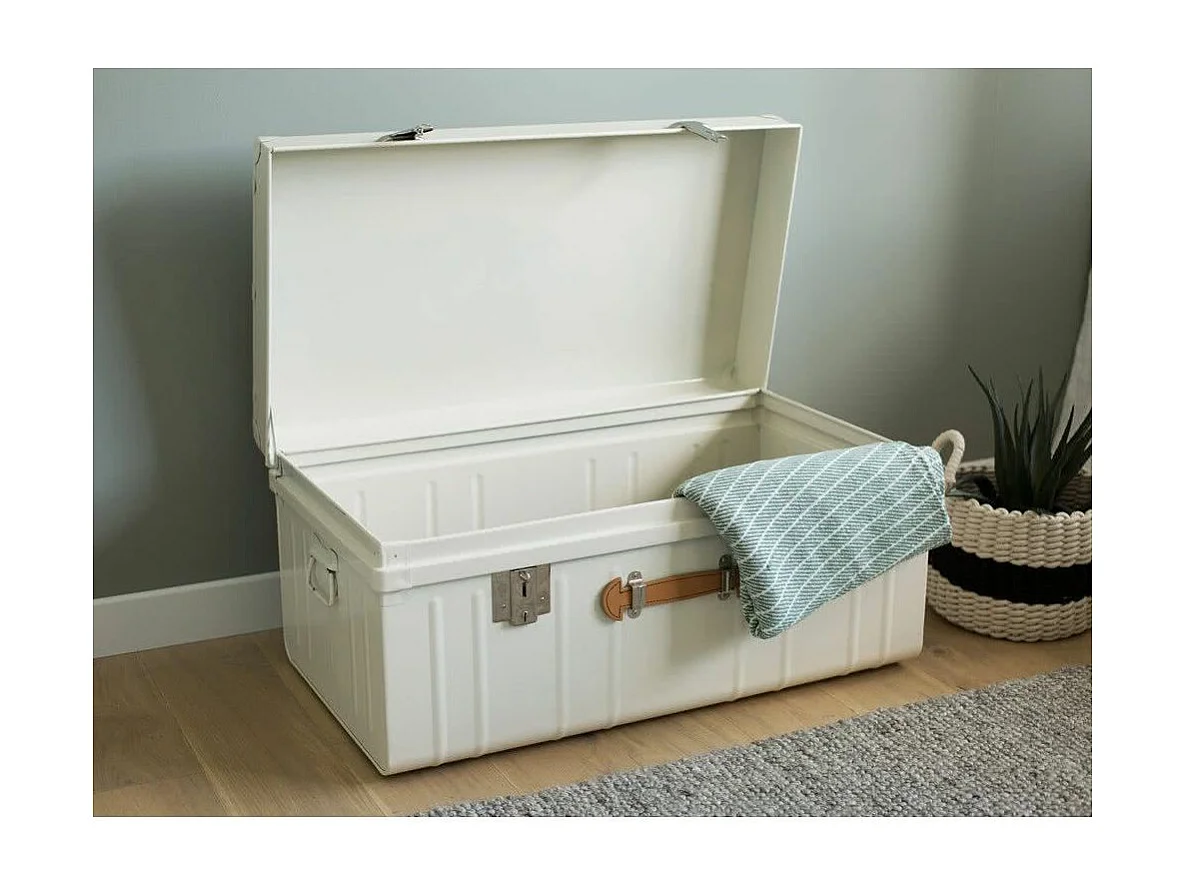 Malle métallique crème avec poignée simili cuir L90xH43xP50