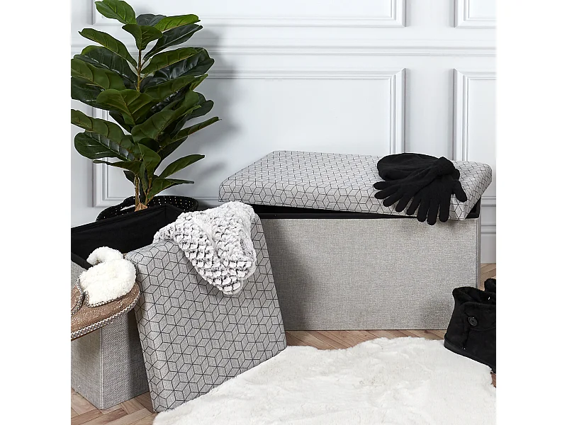 Coffre Banc Pliable Gris Motif Noir Gris