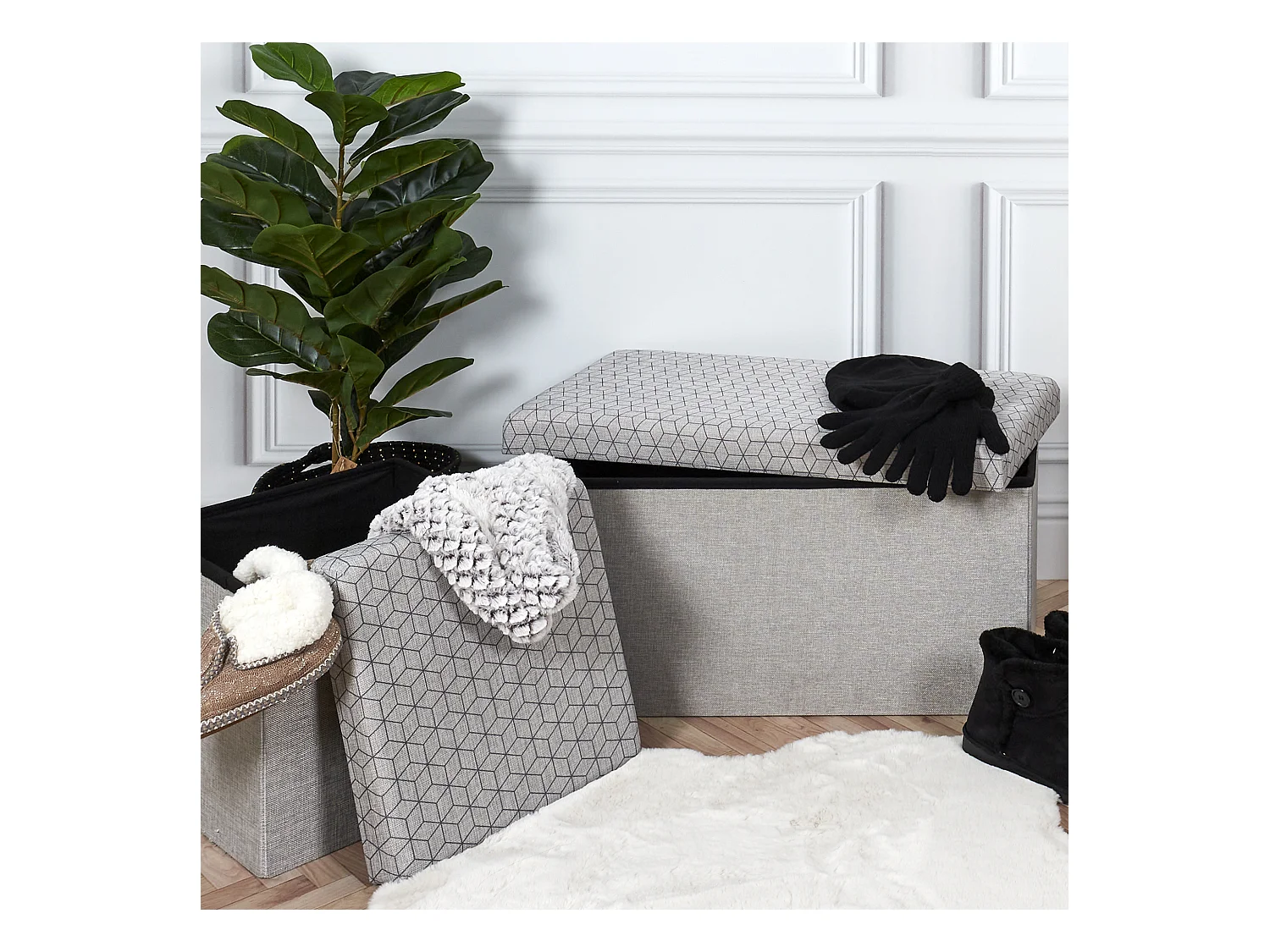 Coffre Banc Pliable Gris Motif Noir Gris