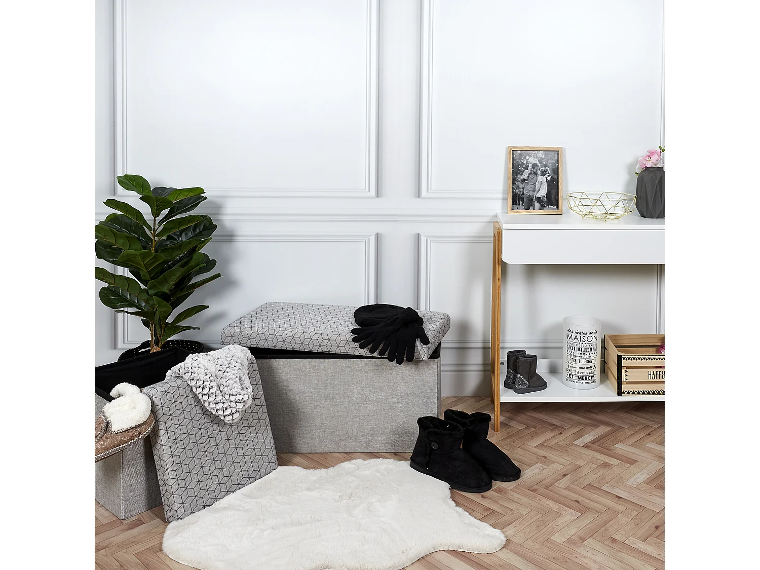 Coffre Banc Pliable Gris Motif Noir Gris