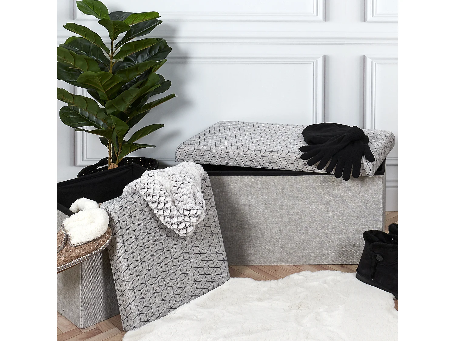 Coffre Banc Pliable Gris Motif Noir Gris