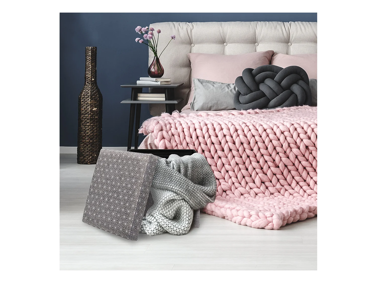 Coffre Pouf Pliable Gris Motif Blanc Gris