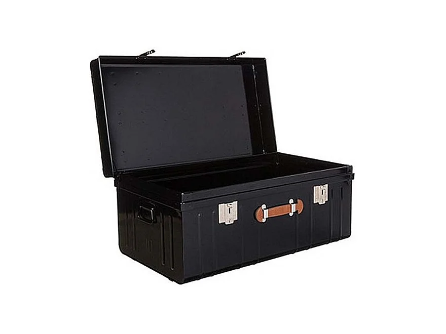 Malle métallique noire avec poignée simili cuir L100xH46xP55