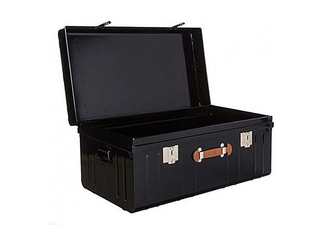 Malle métallique noire avec poignée simili cuir L100xH46xP55