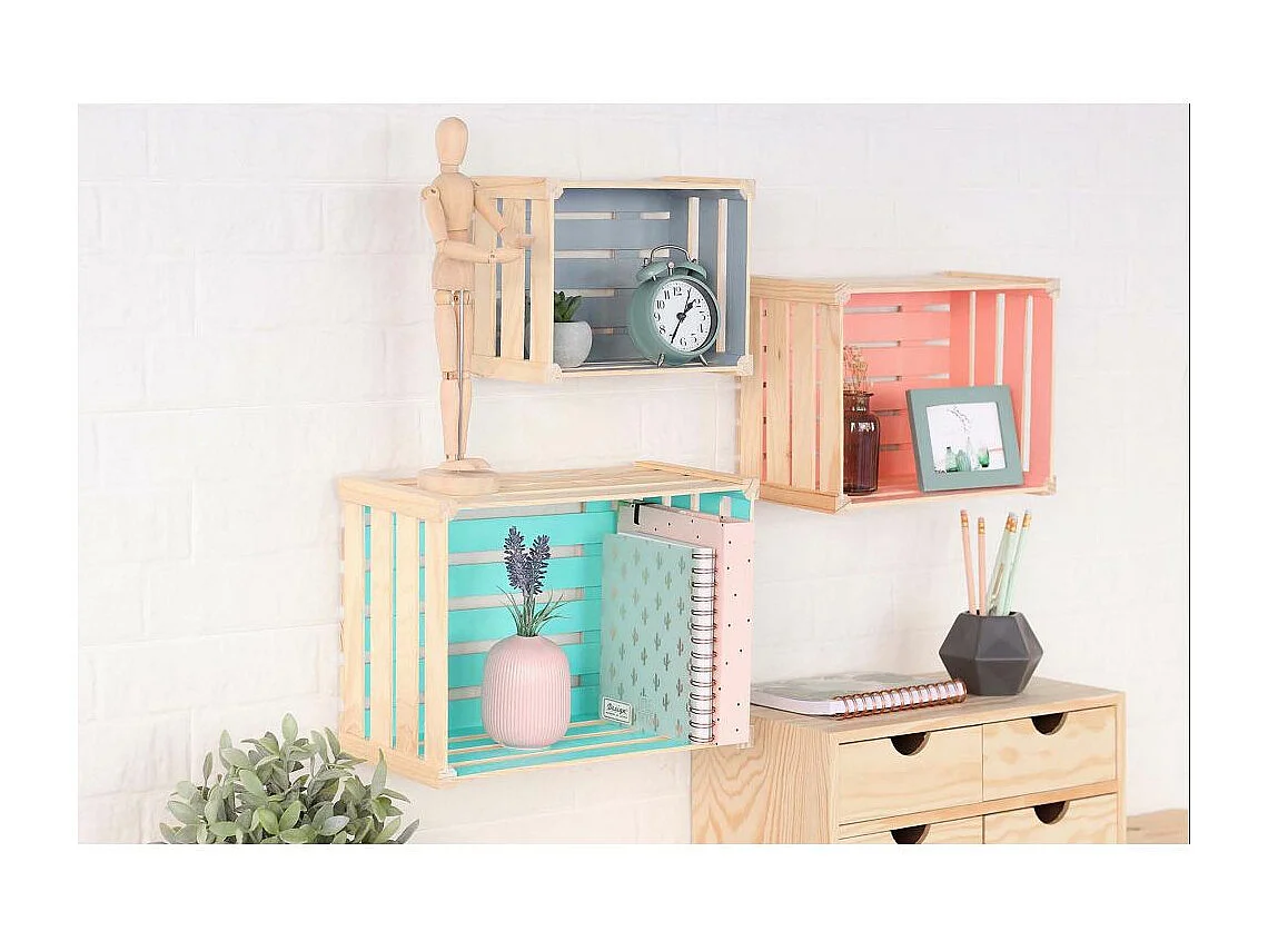 Caisse de rangement en pin brut (Lot de 3)