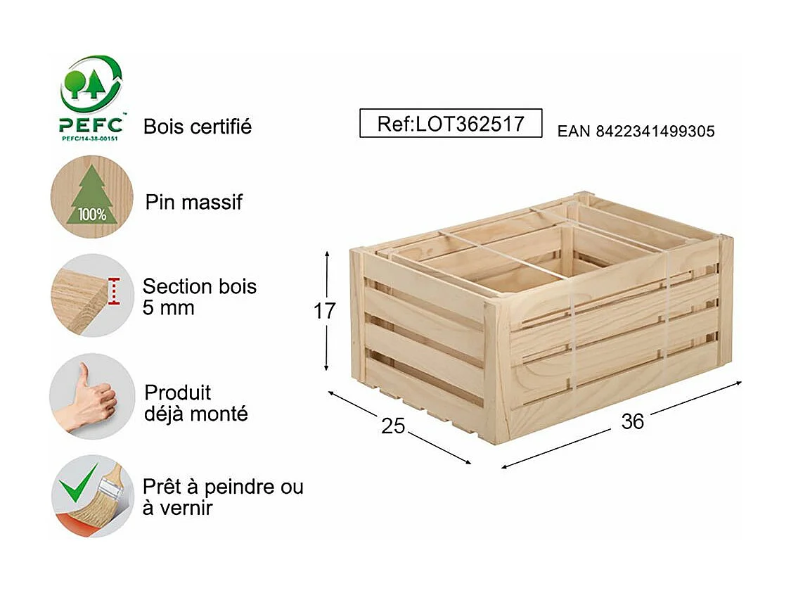 Caisse de rangement en pin brut (Lot de 3)