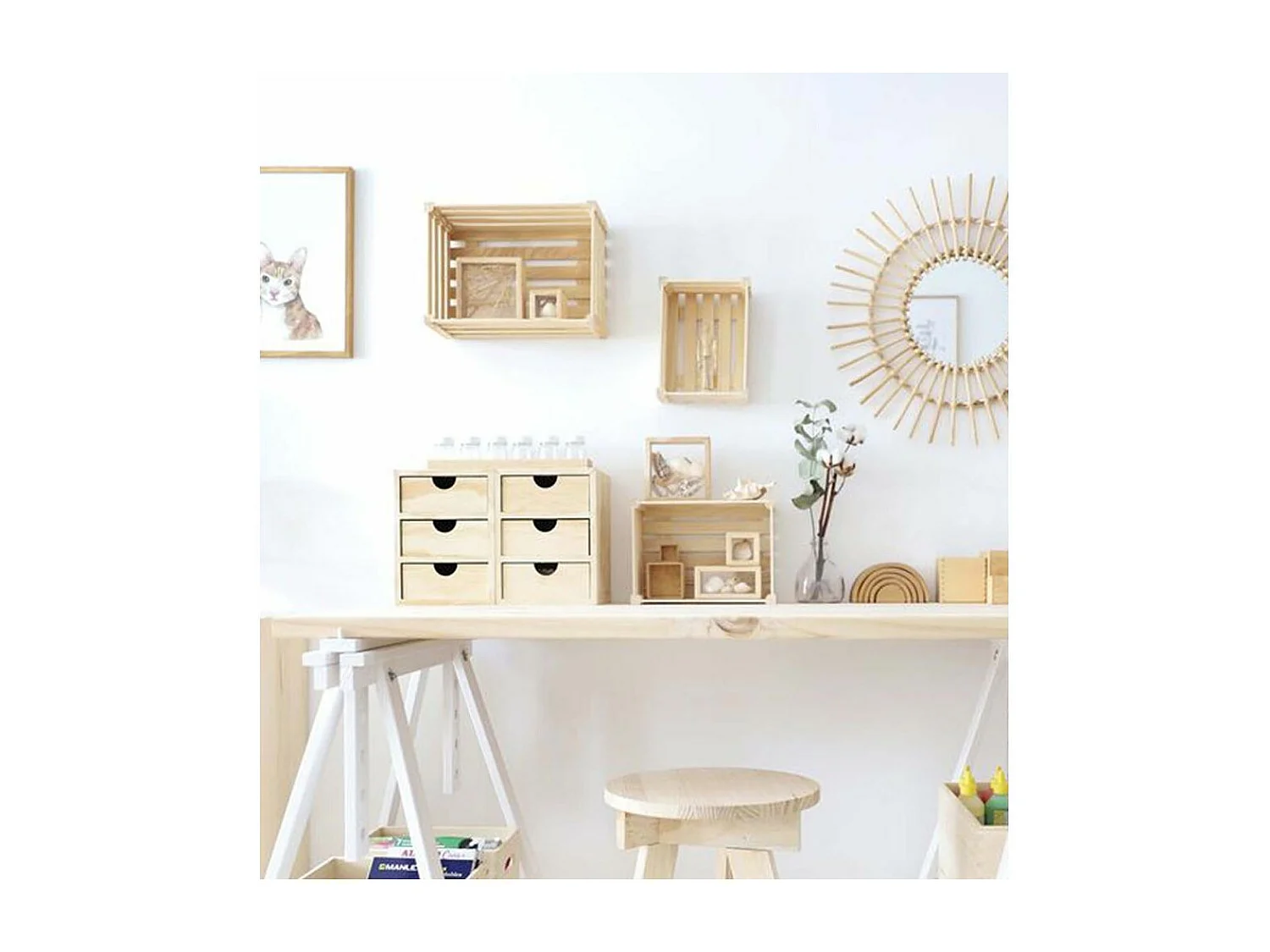 Caisse de rangement en pin brut (Lot de 3)