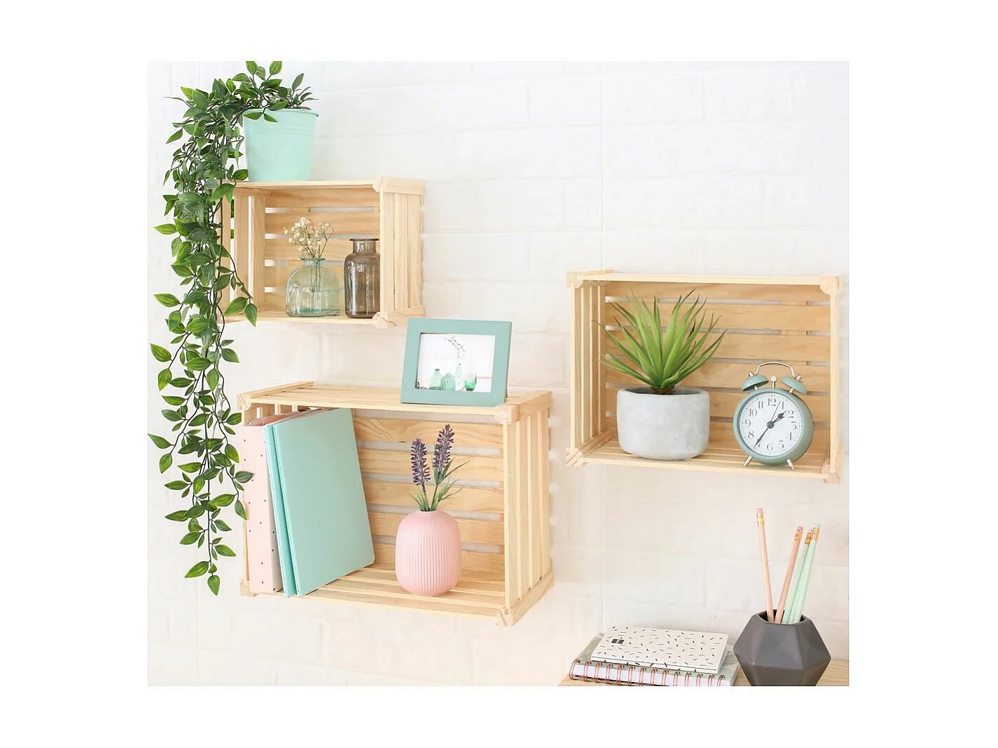 Caisse de rangement en pin brut (Lot de 3)