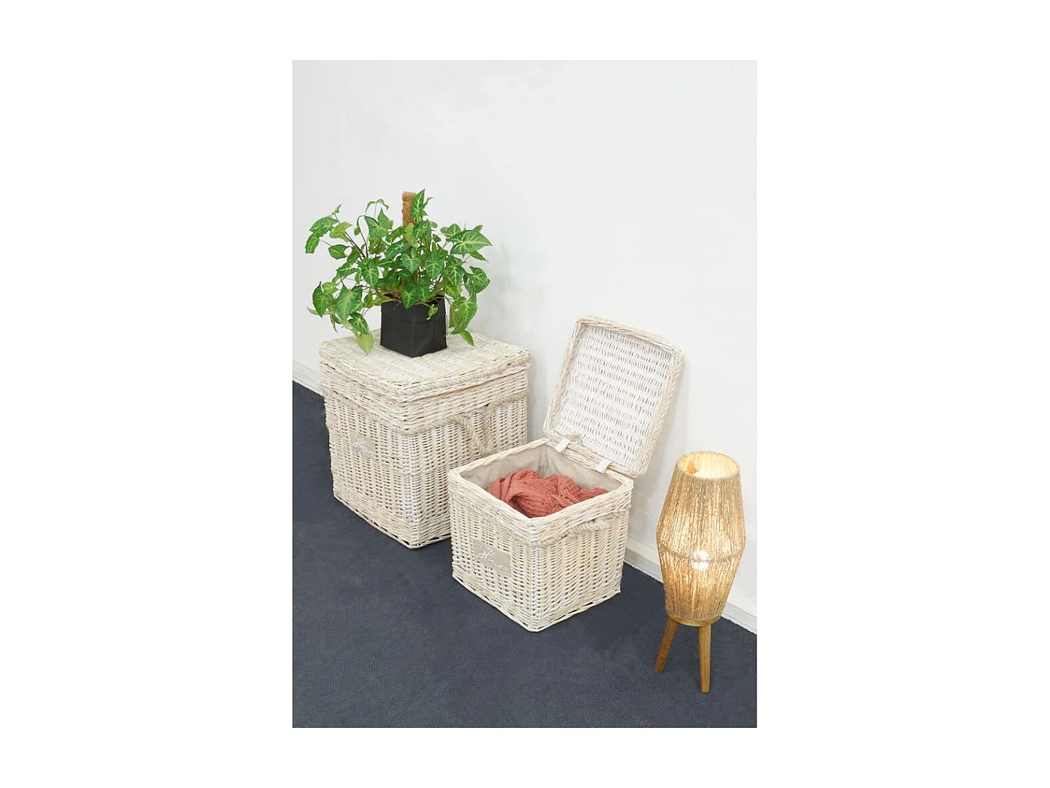 Malle carrée en osier blanchi (Lot de 2)