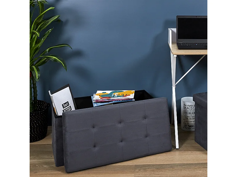 Coffre Banc Pliable Suedine Gris Fonce Gris