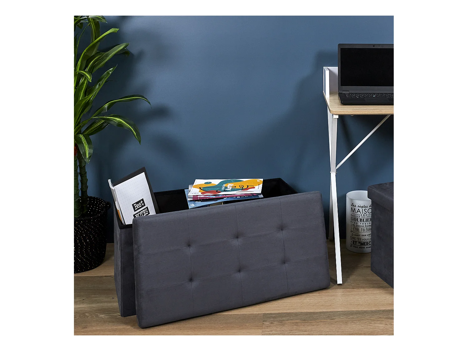 Coffre Banc Pliable Suedine Gris Fonce Gris