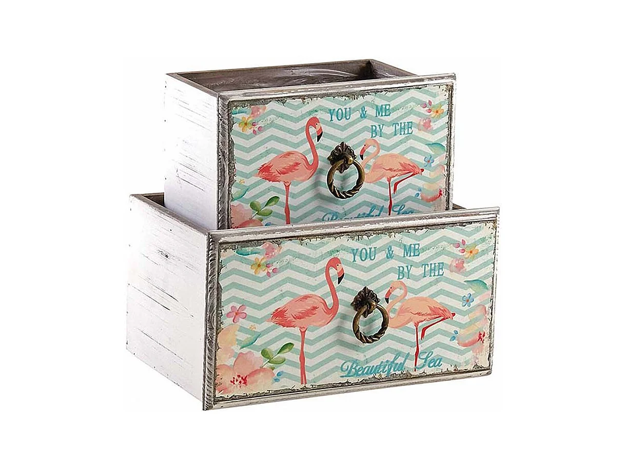 Corbeille tiroir en bois flamants roses (Lot de 2)