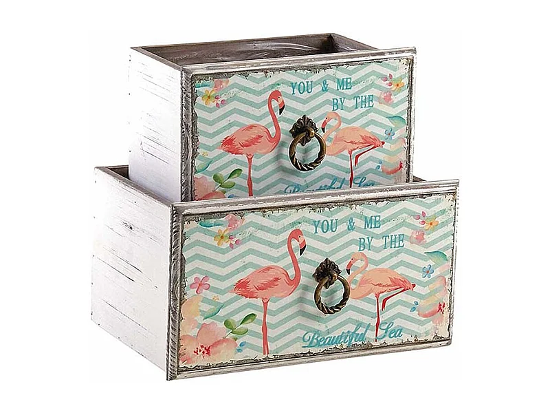 Corbeille tiroir en bois flamants roses (Lot de 2)