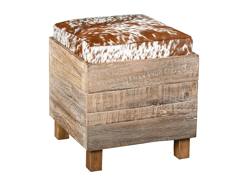 Coffre pouf carré en bois recyclé et peau de vache