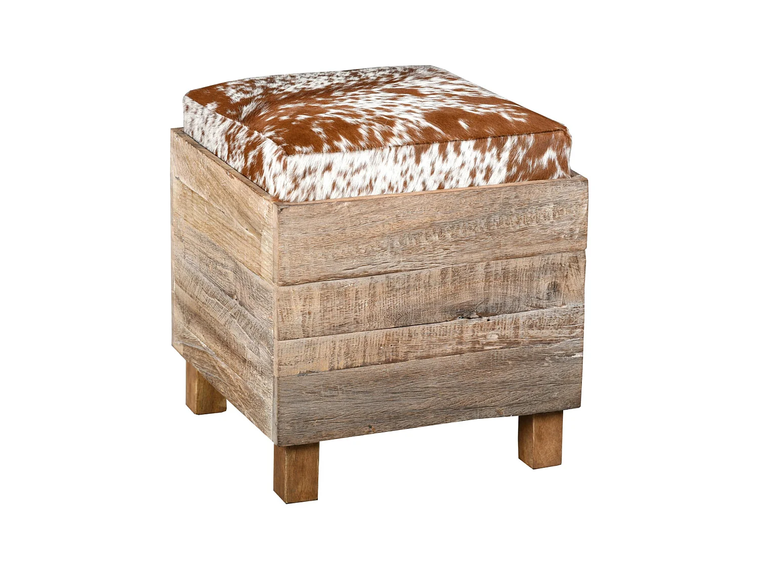 Coffre pouf carré en bois recyclé et peau de vache