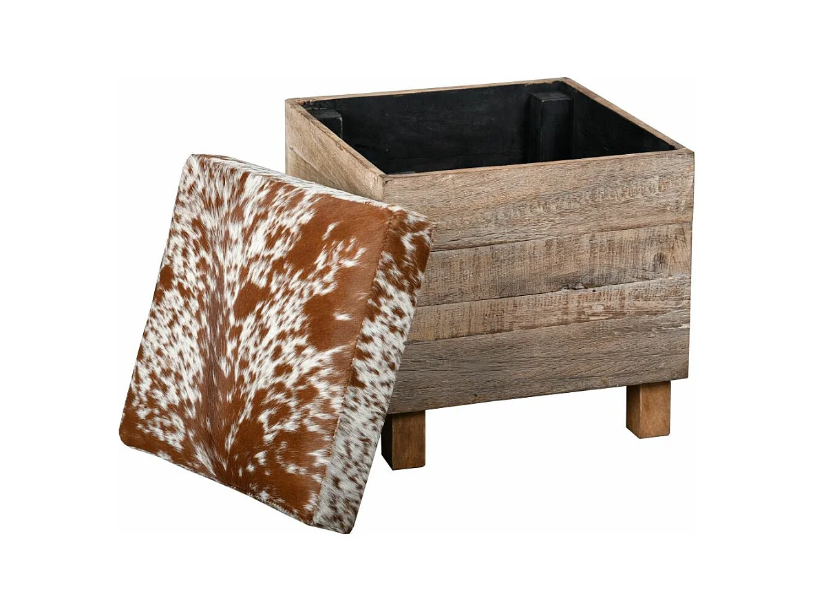 Coffre pouf carré en bois recyclé et peau de vache