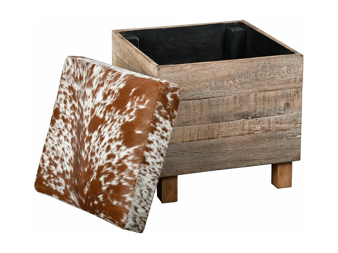 Coffre pouf carré en bois recyclé et peau de vache