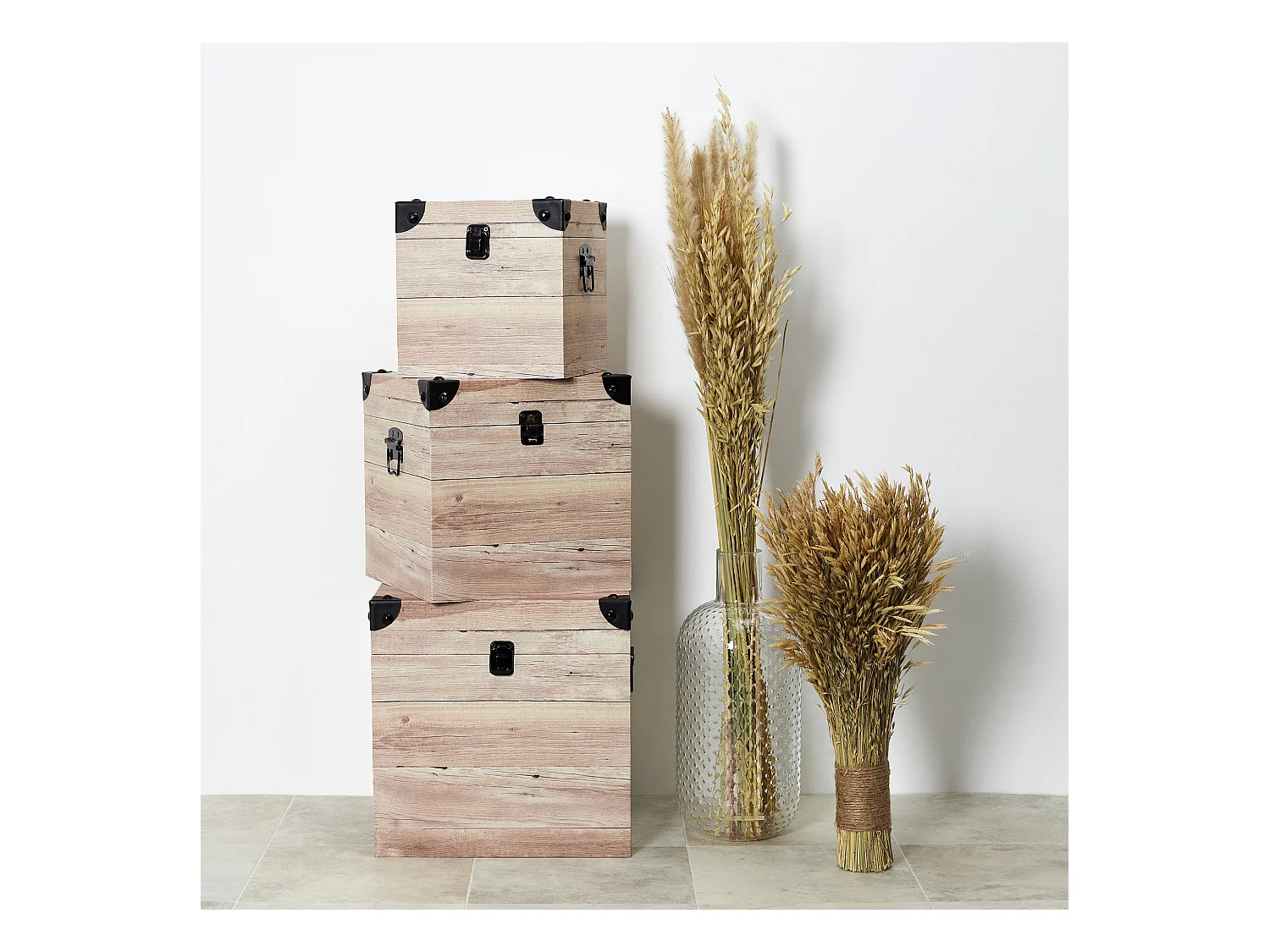 Malles Deco Carre Impression Bois Beige, Noir, Marron