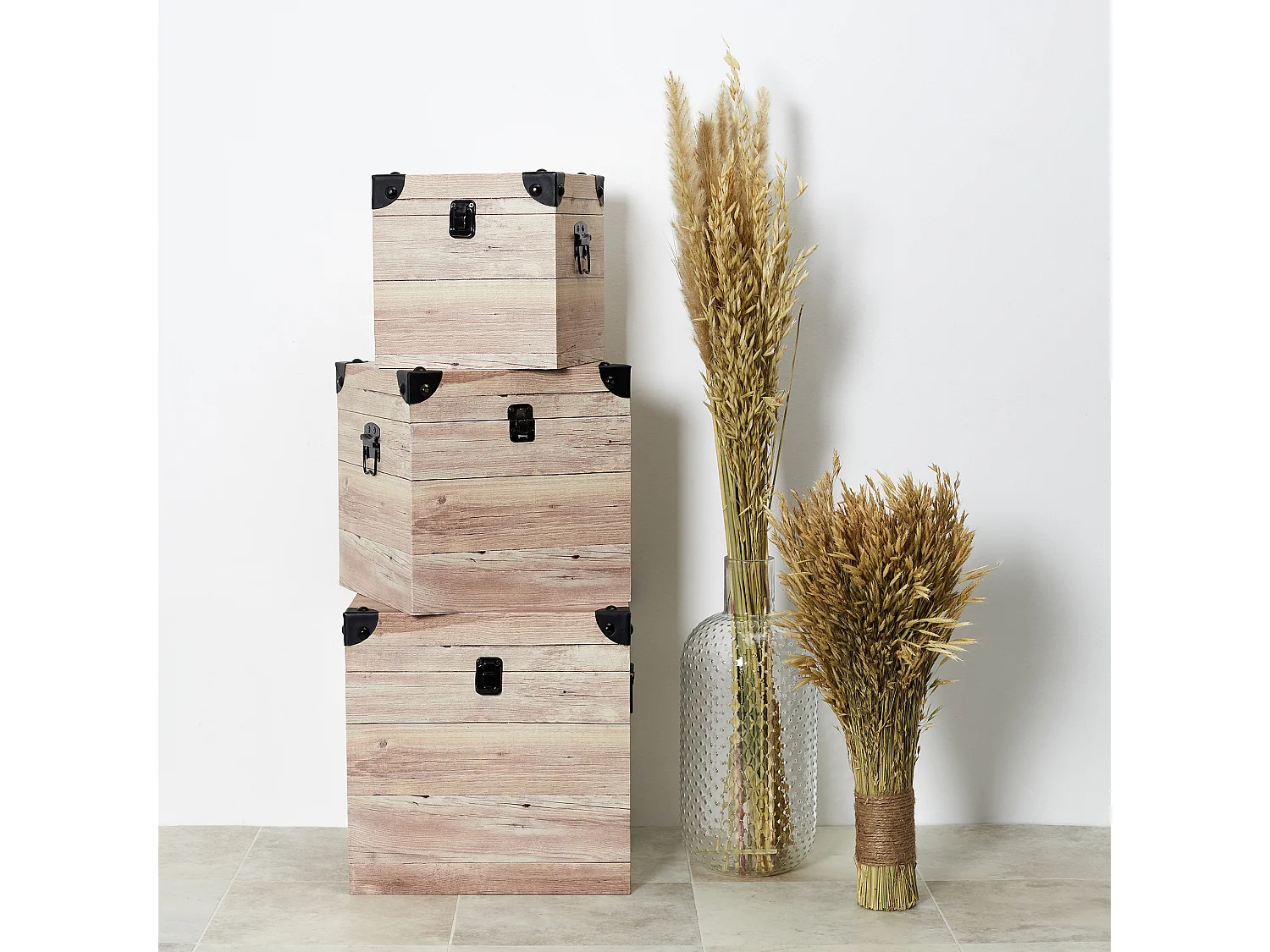 Malles Deco Carre Impression Bois Beige, Noir, Marron