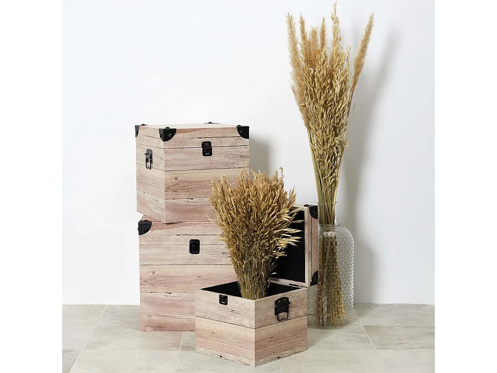 Malles Deco Carre Impression Bois Beige, Noir, Marron