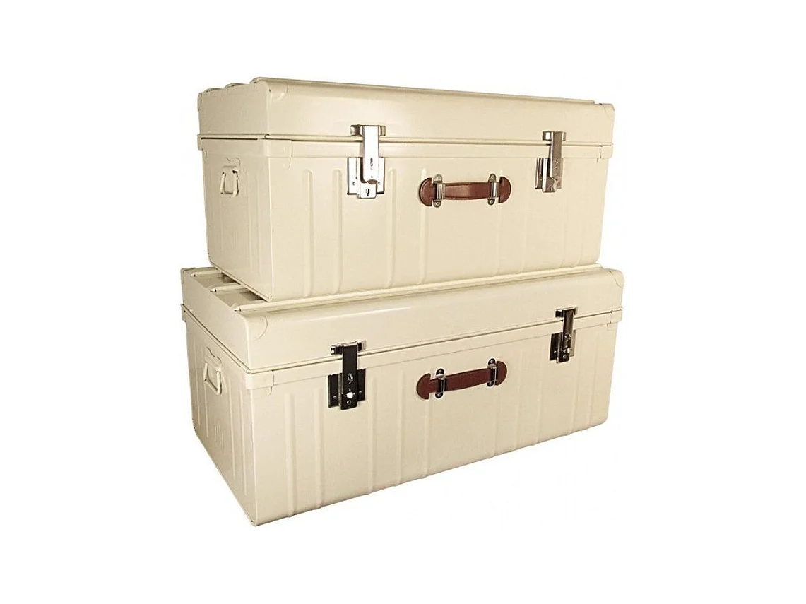 Malle métallique crème avec poignée simili cuir - Lot de 2