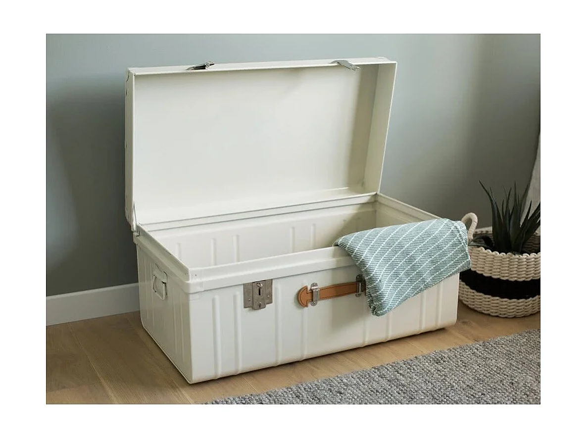 Malle métallique crème avec poignée simili cuir - Lot de 2