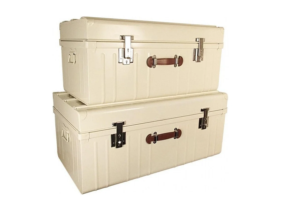 Malle métallique crème avec poignée simili cuir - Lot de 2