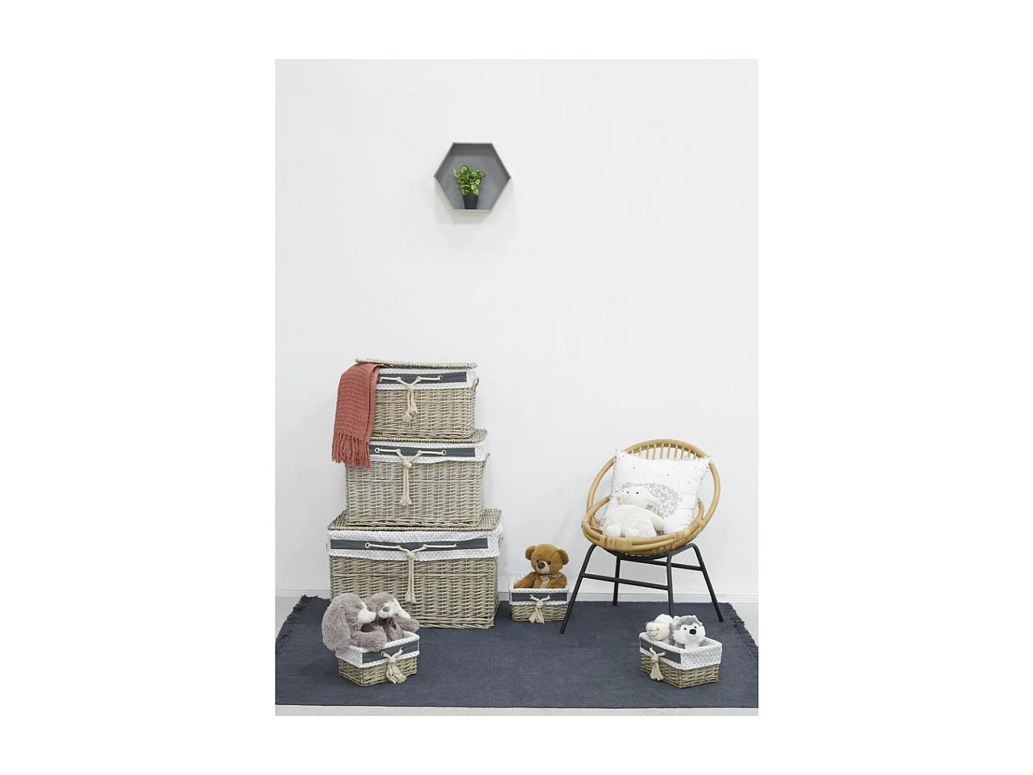 Malles et corbeilles en éclisse grise (Lot de 6)