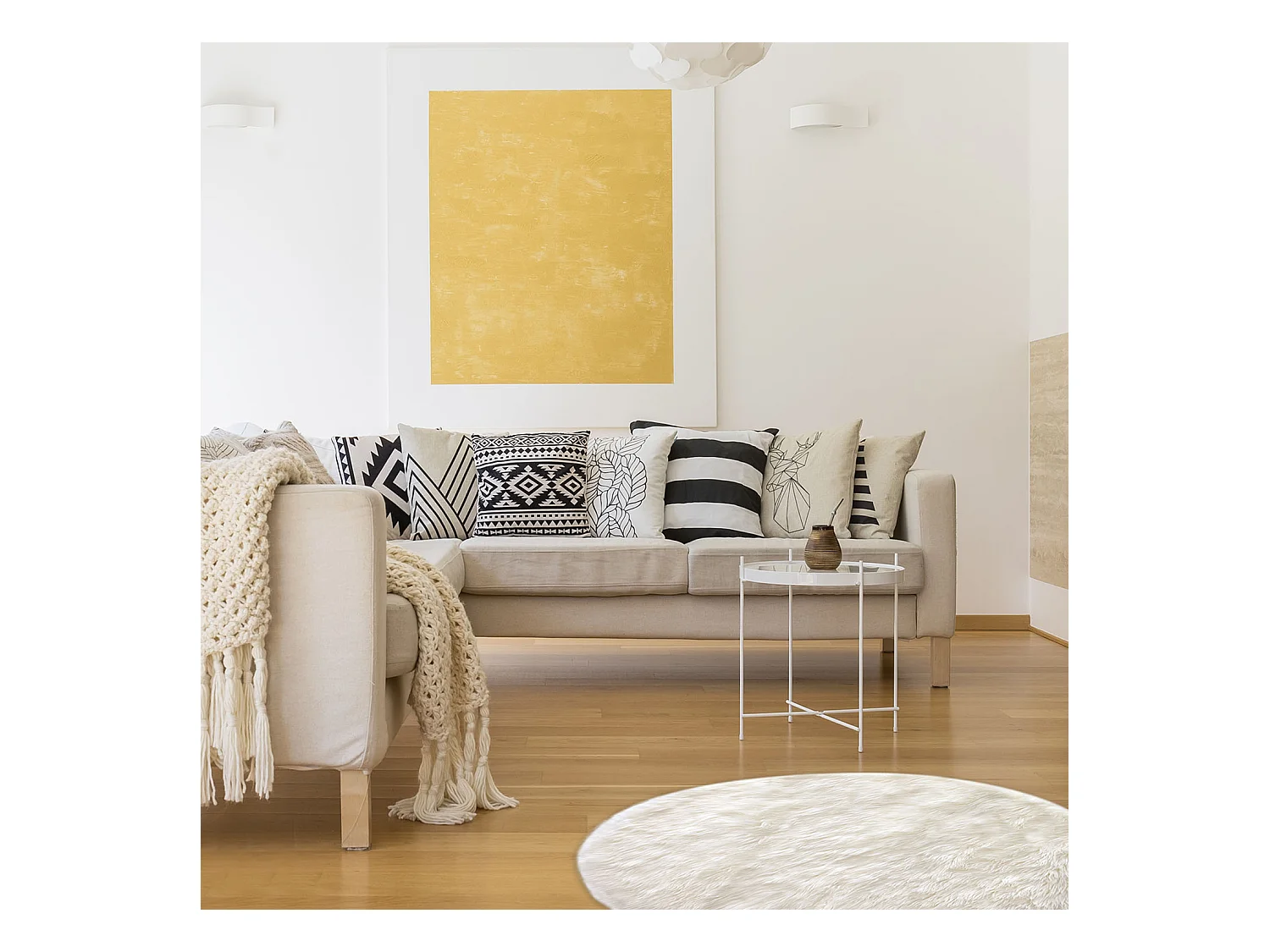 Tapis Rond Imitation Fourrure Ecru 115cm Blanc