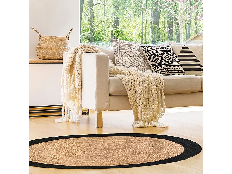 Tapis Rond Jute Bord Noir 120cm Beige, Noir