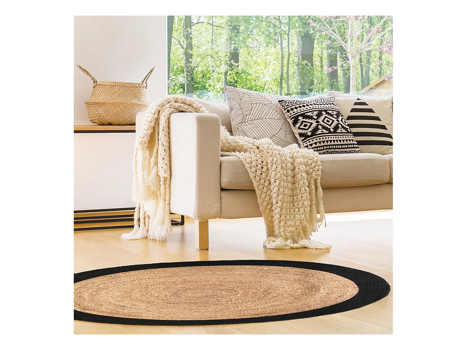 Tapis Rond Jute Bord Noir 120cm Beige, Noir