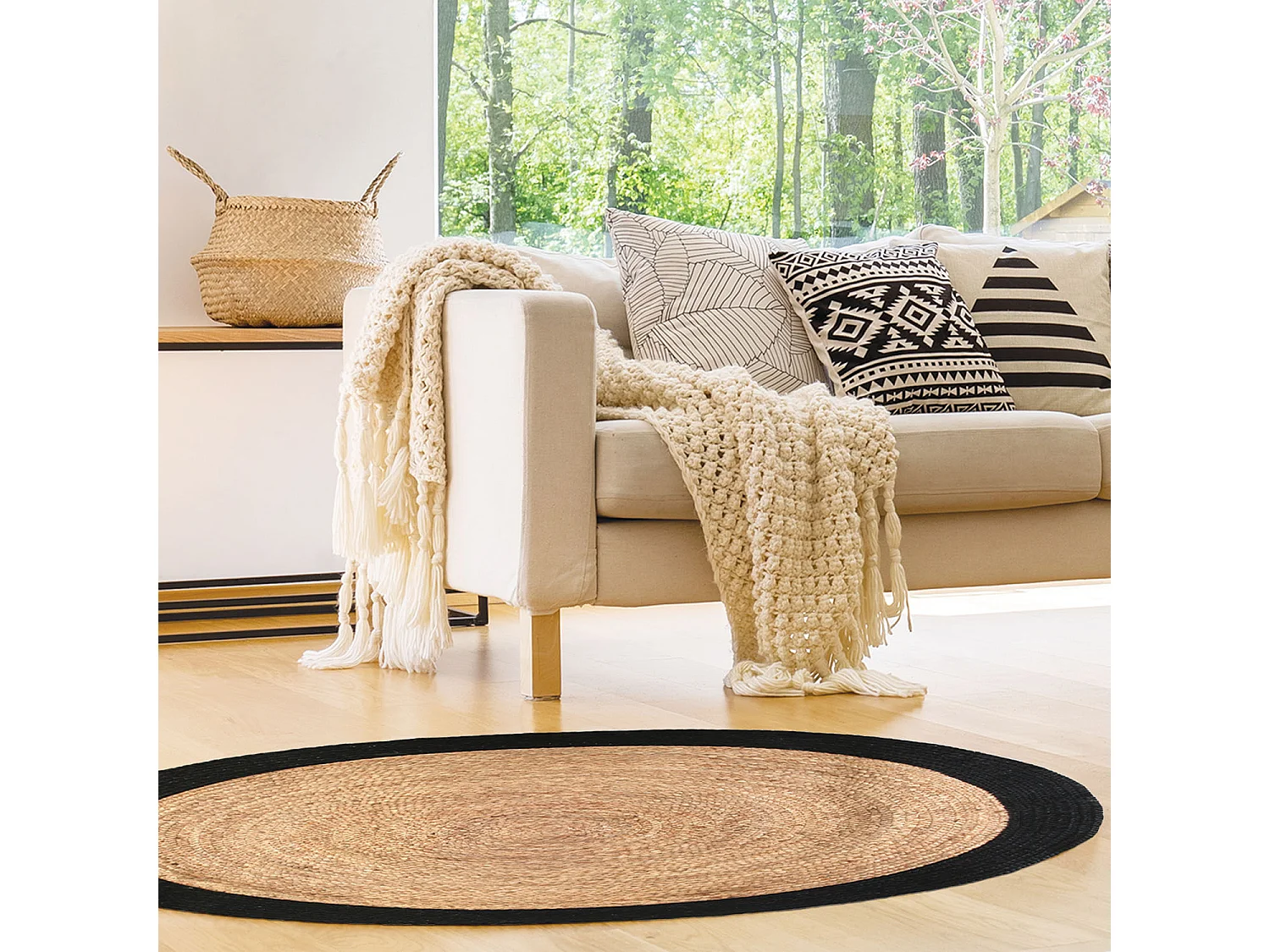 Tapis Rond Jute Bord Noir 120cm Beige, Noir