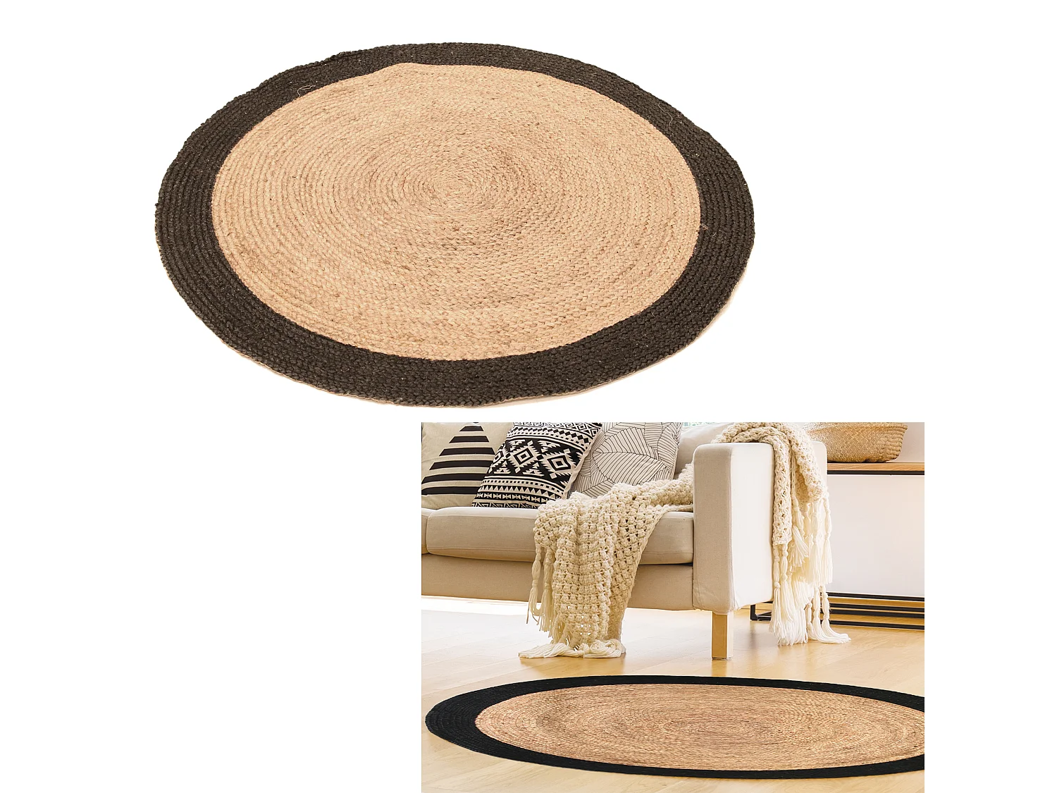 Tapis Rond Jute Bord Noir 120cm Beige, Noir