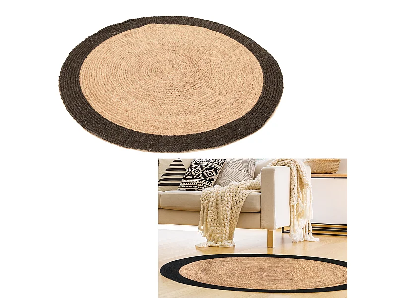Tapis Rond Jute Bord Noir 120cm Beige, Noir