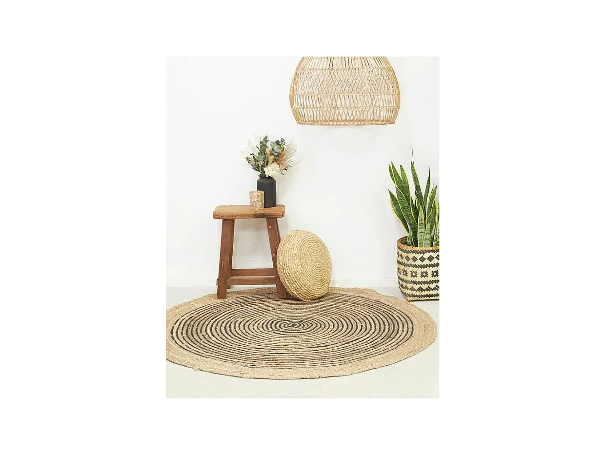 Tapis rond en jute et coton noir Diamètre 120 cm