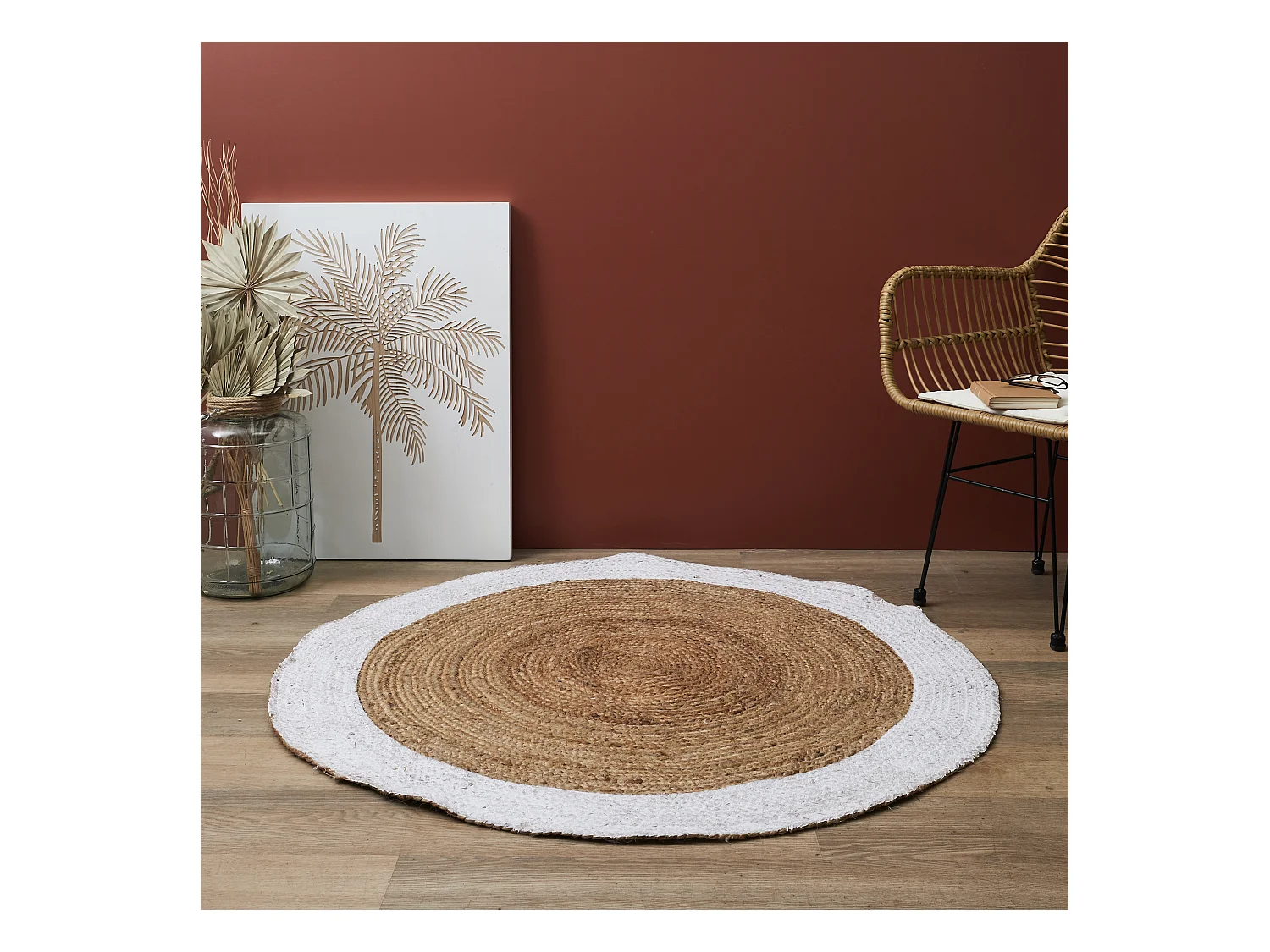 Tapis Jute Bord Blanc 120cm Beige, Blanc