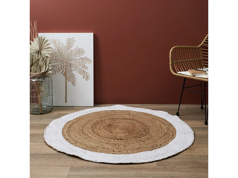 Tapis Jute Bord Blanc 120cm Beige, Blanc