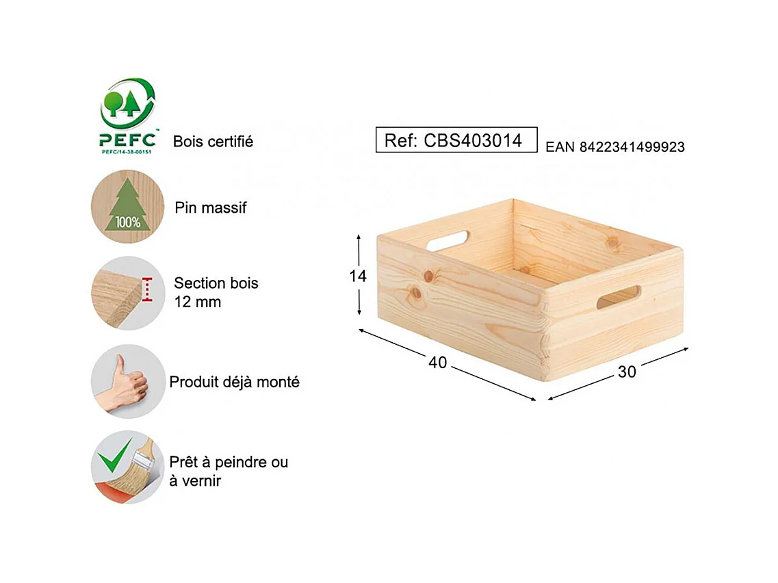 Caisse en bois de rangement 40 x 30 x 14 cm