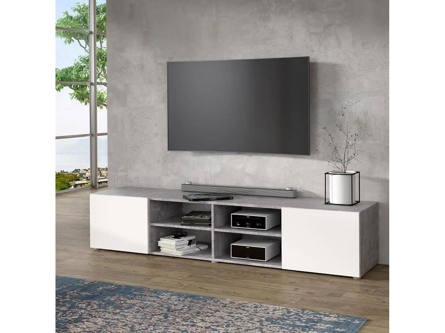 PILVI Meuble TV - Blanc et beton gris clair - L 185 x P 42 x H 31 cm