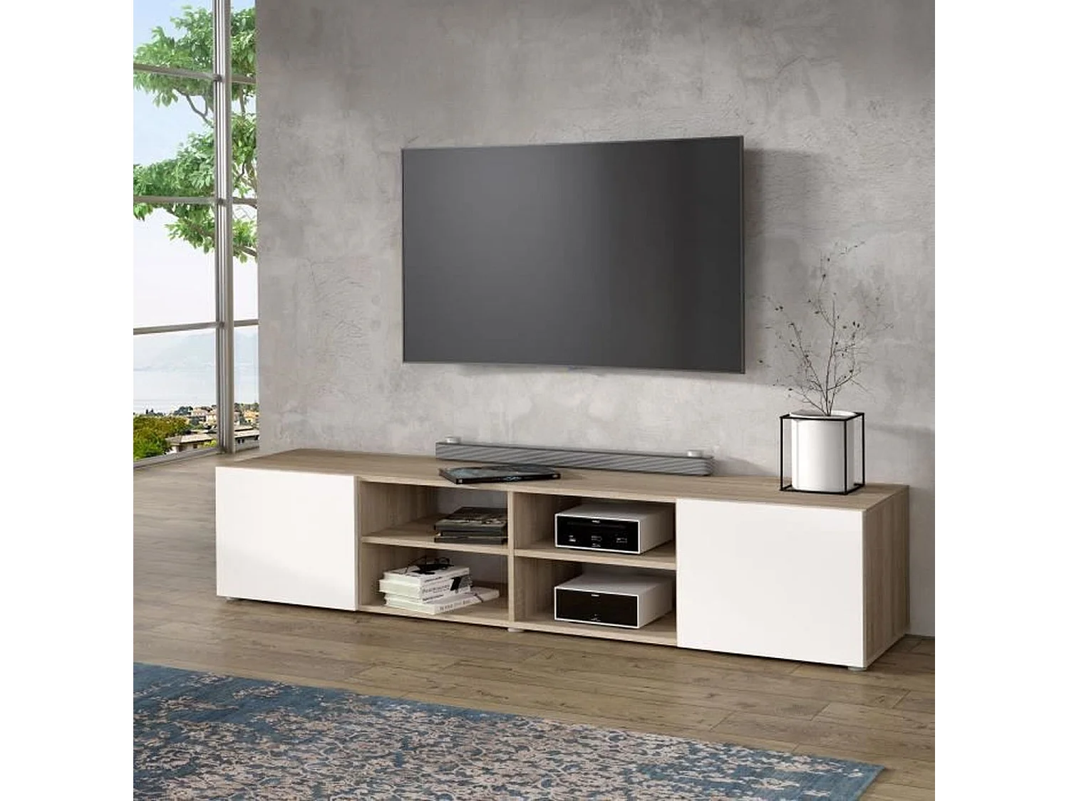 PILVI Meuble TV - Blanc et chene sonoma - L 185 x P 42 x H 31 cm