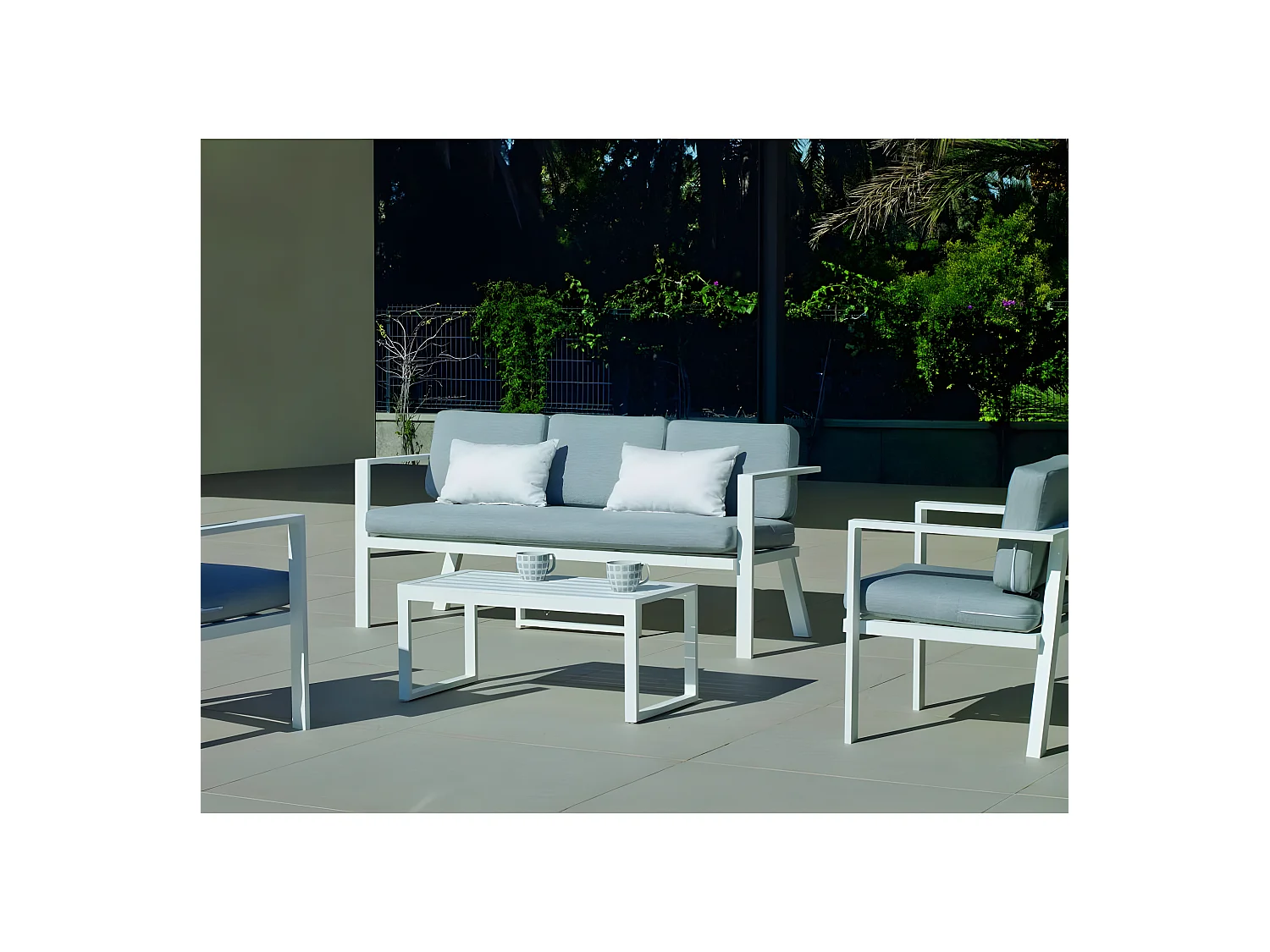 Salon de jardin Sofa AZORES-8 Finition BLANC Tissus GRIS CLAIR MARILAN DRALON de 5 places