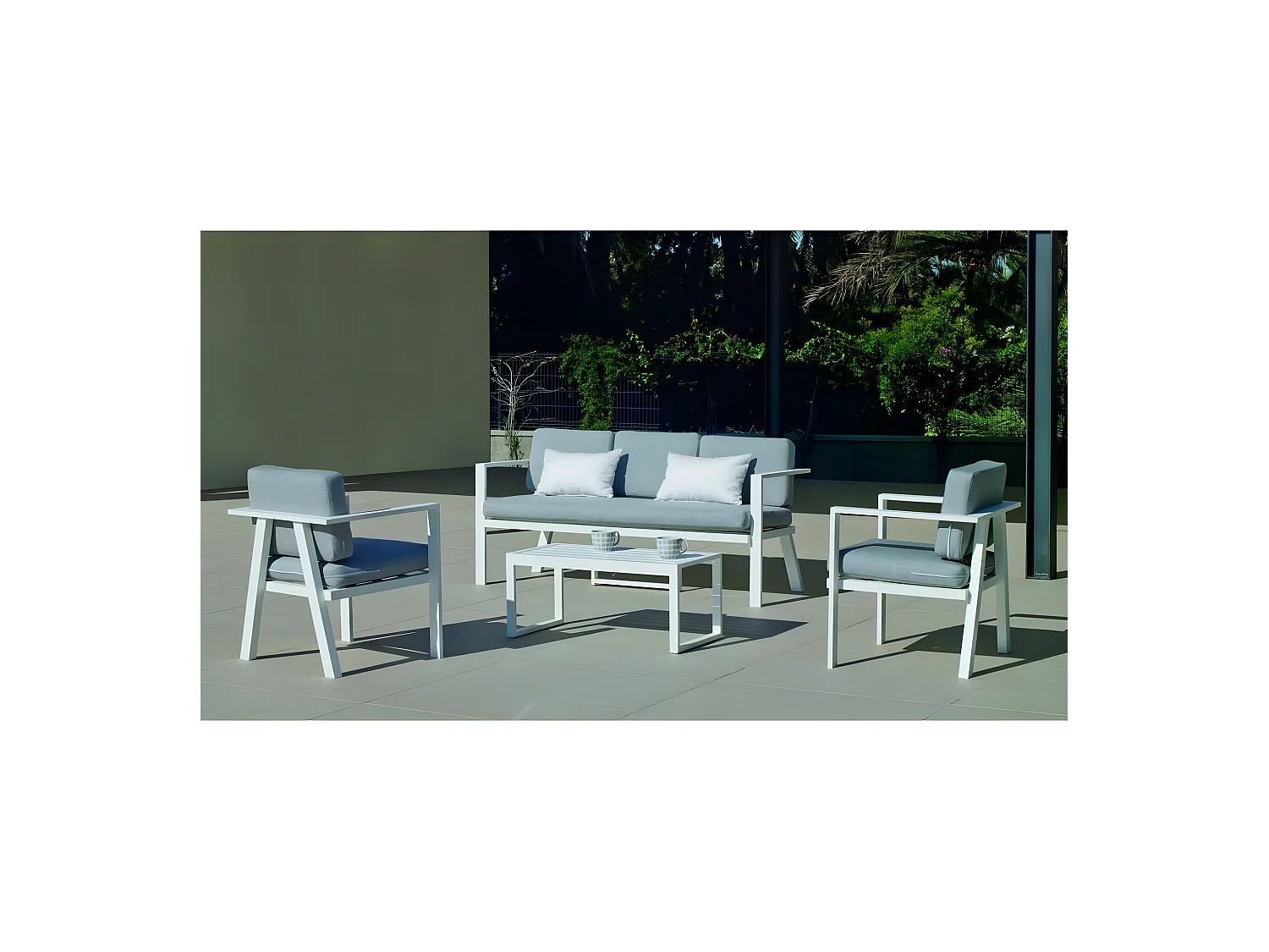 Salon de jardin Sofa AZORES-8 Finition BLANC Tissus GRIS CLAIR MARILAN DRALON de 5 places